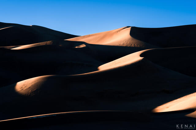 Sunset on Great Sand Dunes National Park dunes creates long shadows and interesting abstract shapes. 