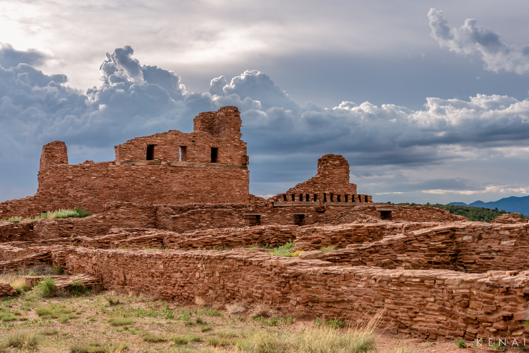 Late afternoon monsoon clouds build over the Manzano Mountains and the Salt Trail Ruins in Abó, New Mexico. This photo is an...