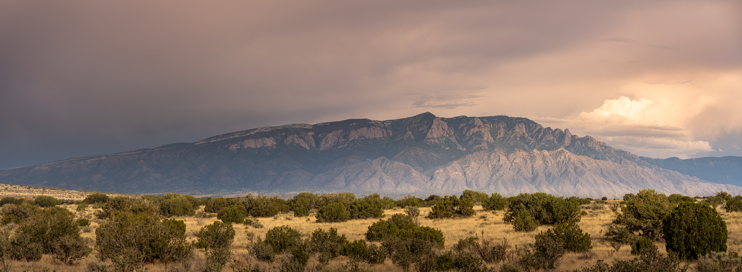 The Sandia Mountains of Albuquerque bask in warm summer light after a thunderstorm. 